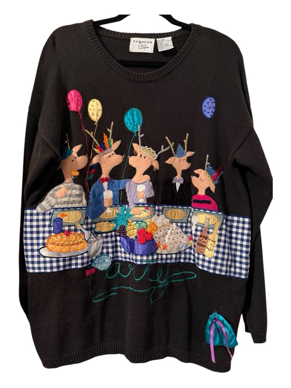 Vintage 90s Appliqué Moose Party Novelty Sweater w Music Pouch One Size